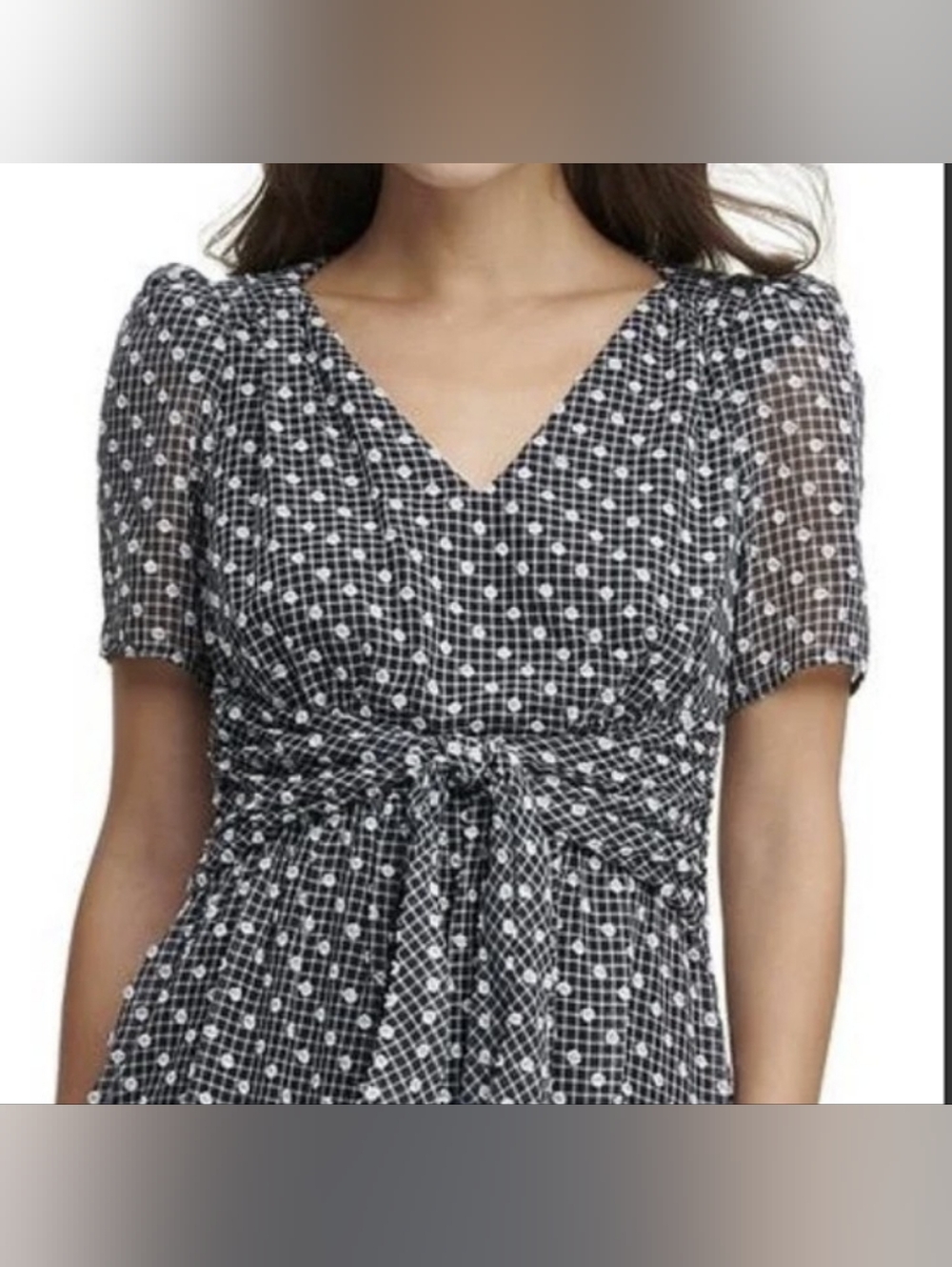 Calvin Klein Women V-Neck Black & White Clip-Dot Chiffon Maxi Dress - Picture 6 of 12